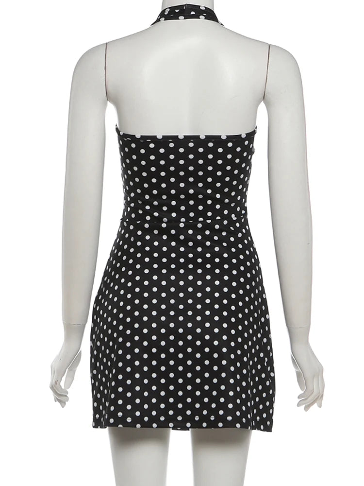 Nibber Low-Neck Sexy Backless Mini Dress Woman Summer Trend Polka Dot Print Halter Skinny Stretch Street Y2K Style Mini Bodycon