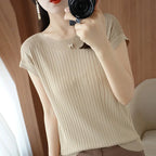 Spring Summer T-shirt Women Short Sleeves Slim Striped Innerwear Slash Neck Fashion Korean Loose Knitted T-shirt Sweater 2026