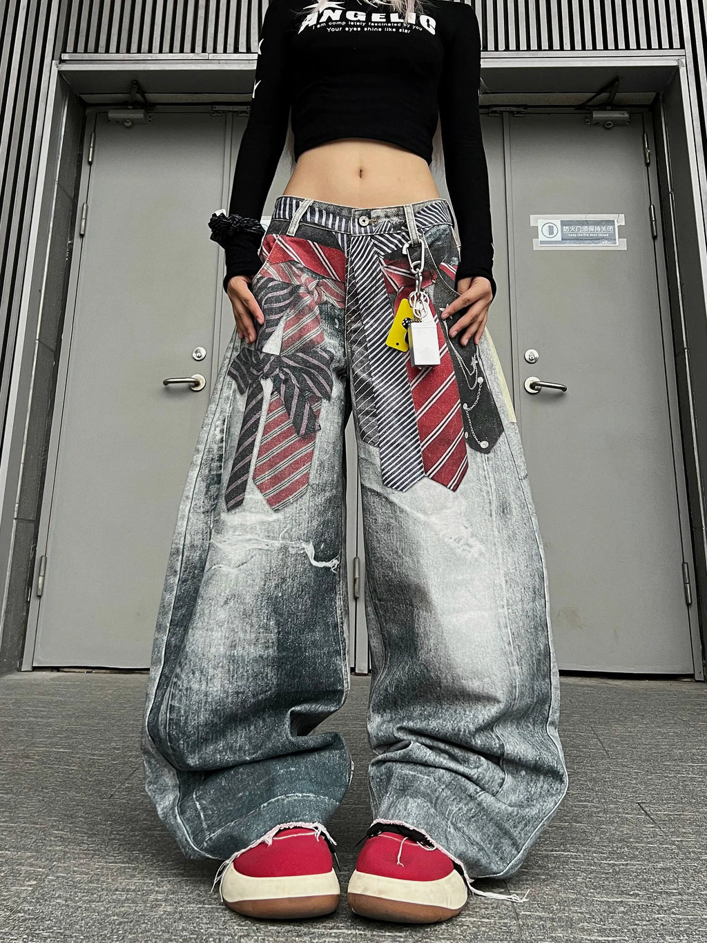 Women American Vintage Print Tie Machete Pattern Jeans Loose Wide Leg Street Hot Girl Design All Match Denim Long Trousers
