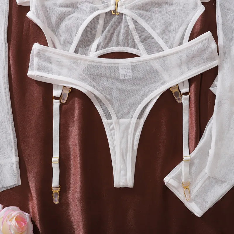 Lingeries Sexy Hot Tempted Intimate Bra Thong 2PC Set with Garter Belts Stockings Gloves Fantasy Sheer Daring Lingerie for Women