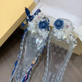 New Style Square-toe Open-toe Sandals with Flat Sole Jelly-style Shoes DlY Shoes Blue Floral Handcraftec Withcrystals and Nettin