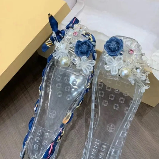 New Style Square-toe Open-toe Sandals with Flat Sole Jelly-style Shoes DlY Shoes Blue Floral Handcraftec Withcrystals and Nettin