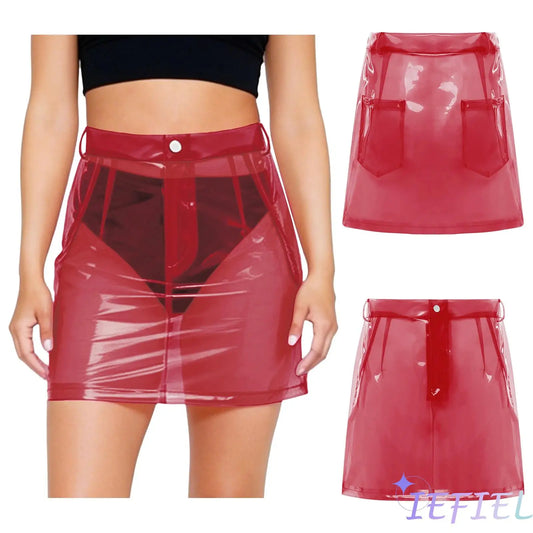 Transparent Pvc Disco Jazz Dance Bodycon Skirt for Women High Waist Pencil Miniskirt with Pockets See Through Cover Up Clubwear