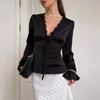 Tornova Elegant Satin Lace T Shirt Women's Long Sleeve Casual V Neck Lace Up Top Fashion Single Breasted Female Commute T Shirt