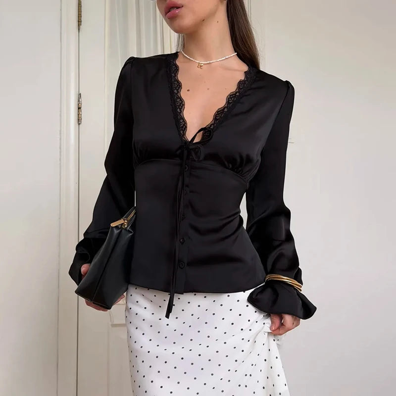 Tornova Elegant Satin Lace T Shirt Women's Long Sleeve Casual V Neck Lace Up Top Fashion Single Breasted Female Commute T Shirt