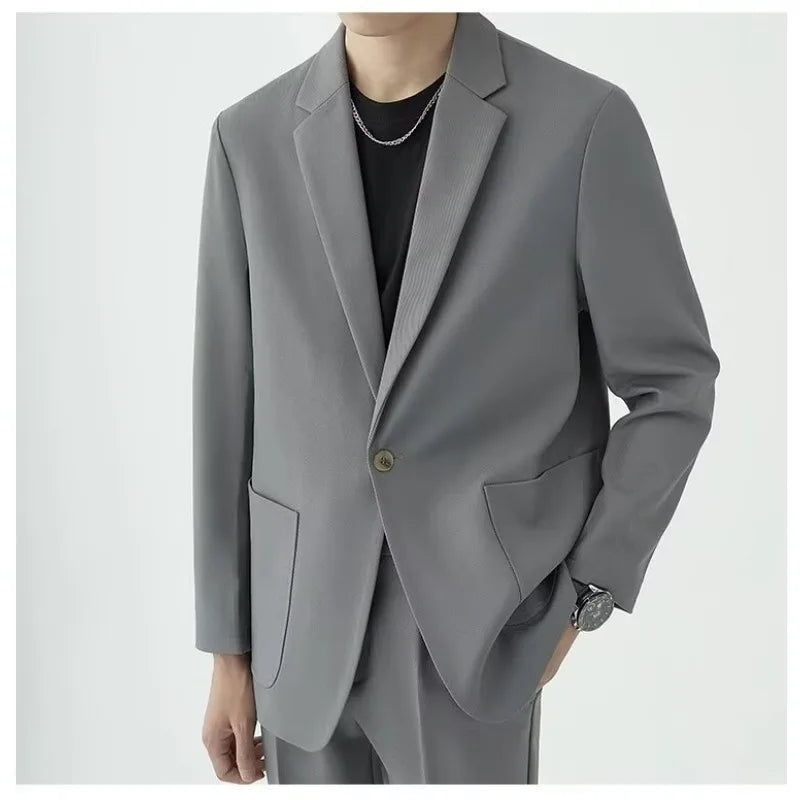 KIDWHXR Men 2-piece Outfit Loose Single-breasted Blazer Male Straight-leg Pant Man Korean Simple Solid Business Casual Suit Set