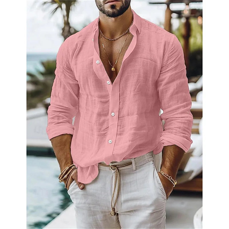 Men's linen shirt, summer shirt, cotton-linen blend button shirt, solid color vacation casual shirt, blue, white, black, pink