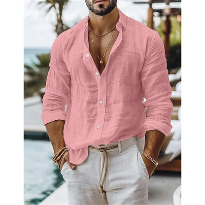Men's linen shirt, summer shirt, cotton-linen blend button shirt, solid color vacation casual shirt, blue, white, black, pink