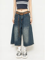 High Waist Black Retro Washed Denim Shorts Women's Harajuku Vintage Fashion Casual Loose Y2K Streetwear Mid Long  Wide Leg Pants