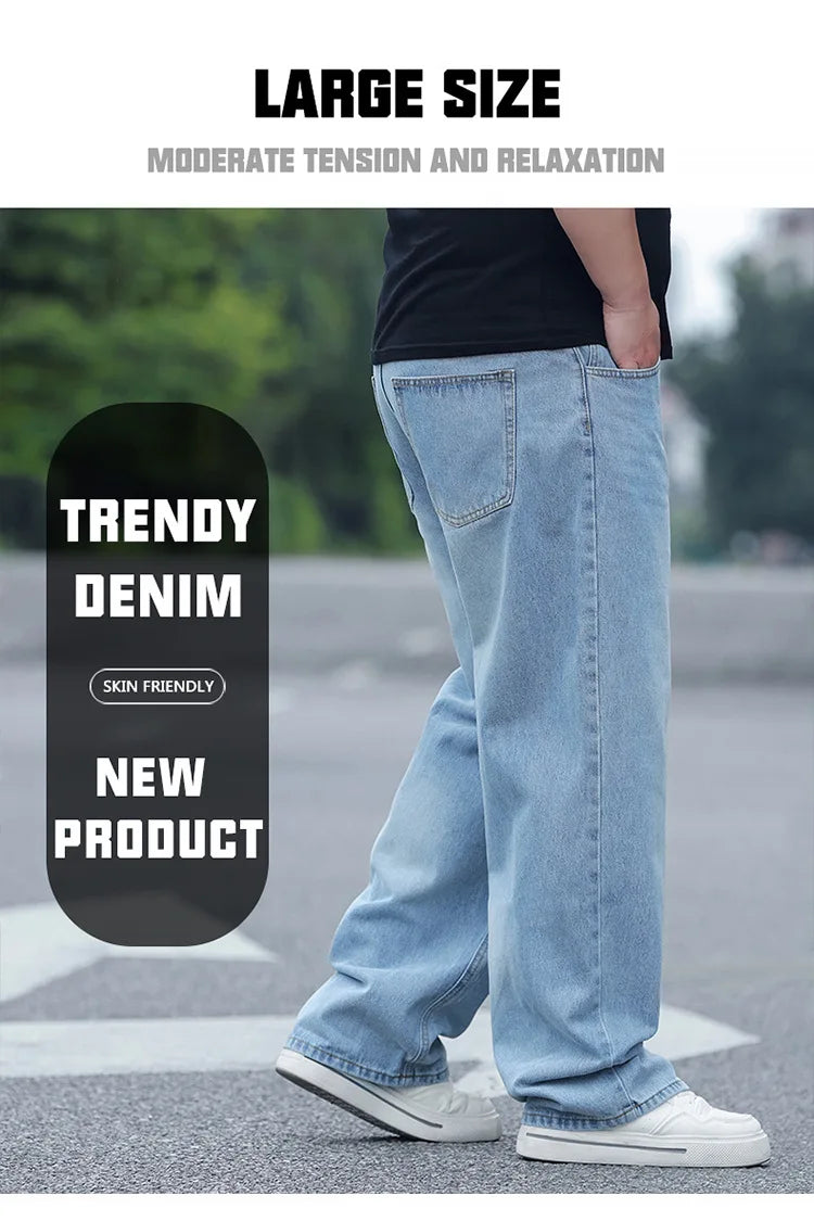 FENROOST Plus Size Men's High Waist Straight Leg Jeans Four Seasons Loose Baggy Denim Trousers Casual Versatile Long Pants New