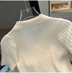 Summer Women's Polo-neck Short-sleeved Shirt Ice Silk Twist Stripe Knitting T-Shirt Thread Loose Minimalist Lapel Pullover Tees