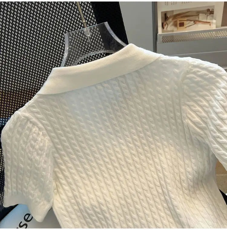 Summer Women's Polo-neck Short-sleeved Shirt Ice Silk Twist Stripe Knitting T-Shirt Thread Loose Minimalist Lapel Pullover Tees