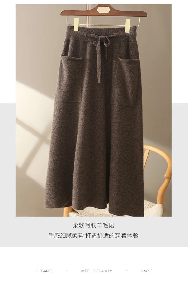 Autumn And Winter100% Pure Wool Skirt Women's Long Pocket Small A Skirt High Waist Slim Cashmere Knit A-Line Skirt