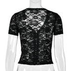 JULISSA MO Sexy Deep V-neck Sheer Lace Women T-shirt Black Short Sleeve Floral T-shirt Summer Skinny Casual Vacation Streetwear