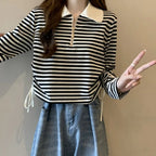 Women's Autumn Polo Shirt 2026 Striped Long Sleeve Drawstring Teddy Bear Collar Slimming T-Shirt