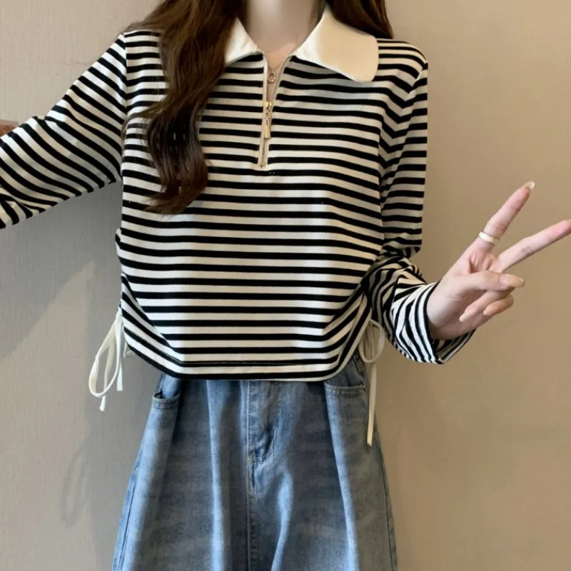 Women's Autumn Polo Shirt 2026 Striped Long Sleeve Drawstring Teddy Bear Collar Slimming T-Shirt