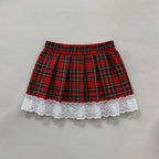 Schoolgirl Cosplay Lingerie Set, Red Plaid Tie Front Crop Top Lace Trim Mini Skirt Outfit