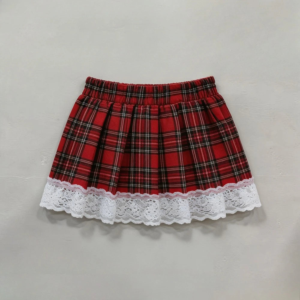 Schoolgirl Cosplay Lingerie Set, Red Plaid Tie Front Crop Top Lace Trim Mini Skirt Outfit