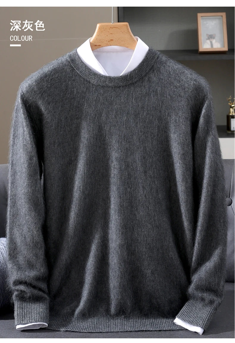 Autumn Winter 100% Mink Cashmere Sweater Men's Round Neck Pullover Loose Solid Color Plus Size Base Knit Business Casual Sweater