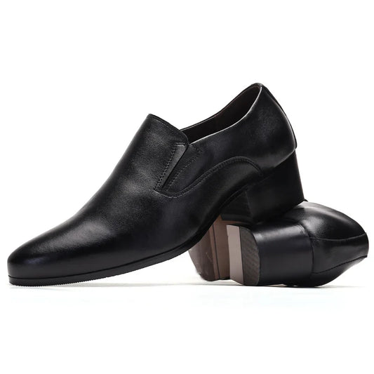 100% Genuine Leather Men Height Increasing Dress Shoes 6cm Fashion Business Brogues Brand Male Footwear Pure Black Monks D756