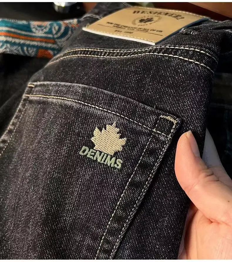 Men's Denim Pants Are Worn Washed Embroidered Smple Straight and Slim Fit With Small Legs