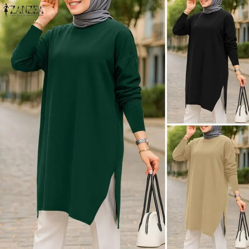 2026 ZANZEA Muslim Hijab Blouse Women Spring Long Tops Turkey Abaya Fashion O Neck Long Sleeve Knitted Shirt IsIamic Clothing