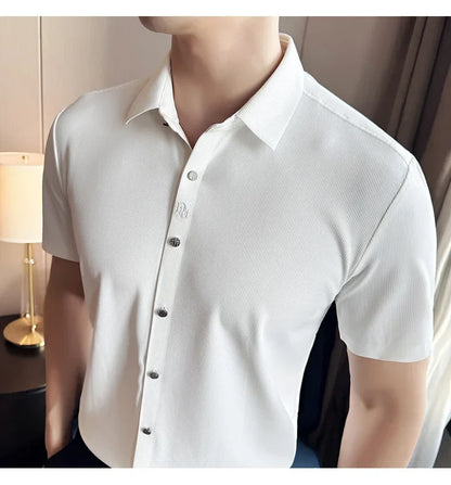 Men's White Business Casual Shirt, Fitted Striped Elastic Short-sleeved Shirt, Exquisite Embroidered Summer Formal Work Uniform.