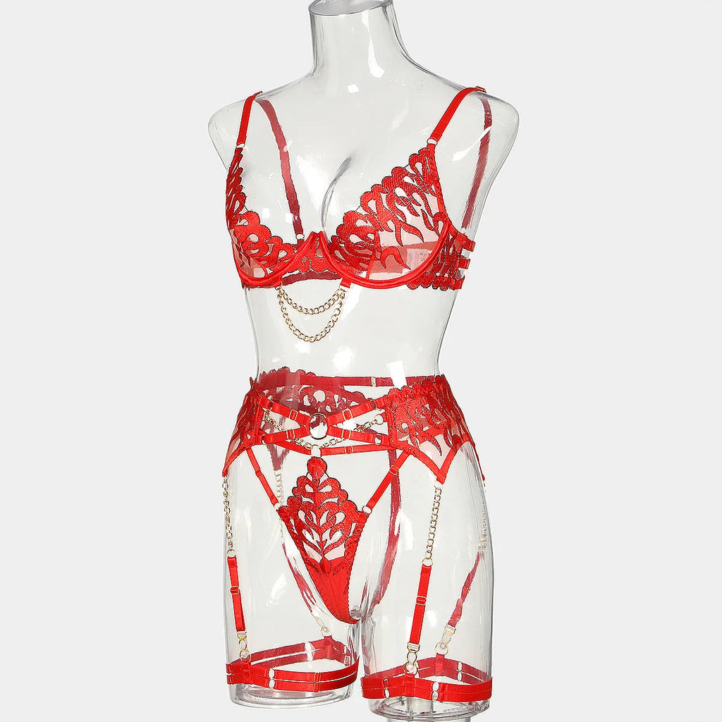 Ellolace Hot Women's Lingerie Sets Charming Bra Belt Thong 3PC with Leg Circles Fantasy Deep V-neck Women Intimate Underwear