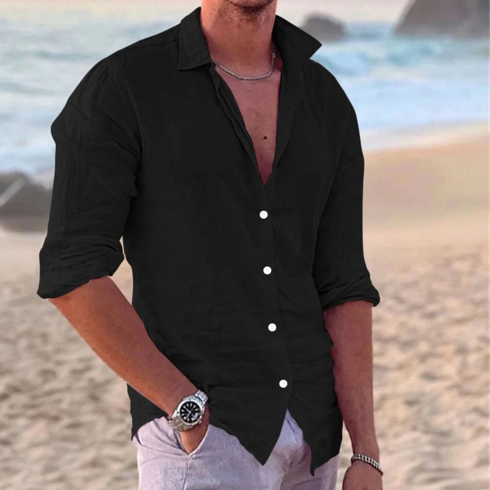 New Men's Shirt Cotton linen Fashion Casual Polo Neck Beach Shirt Long Sleeve Solid Hawaiian Holiday Shirts