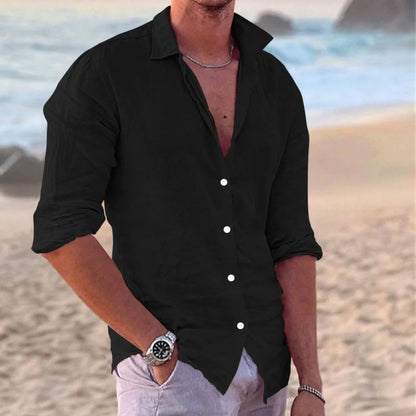 New Men's Shirt Cotton linen Fashion Casual Polo Neck Beach Shirt Long Sleeve Solid Hawaiian Holiday Shirts