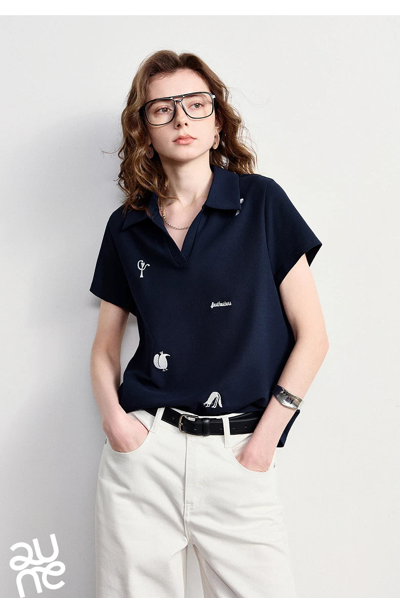 TOYOUTH Women Polo T-Shirt 2026 Summer Joint Name with Gongchangzhang Embroidered V-Neck Age-Reducing Trendy Tops