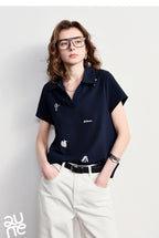 TOYOUTH Women Polo T-Shirt 2026 Summer Joint Name with Gongchangzhang Embroidered V-Neck Age-Reducing Trendy Tops