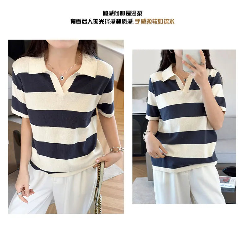 WinvyNee Summer Half Sleeved Women's Solid Polo Shirt Casual Cotton Striped Top T-shirt Women Clothing Casual Knitted A1002022