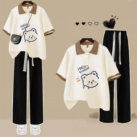 Fashion Polo Neck Short Sleeved T-shirt Cute Teddy Bear Loose Top Women Casual Tee