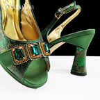 2025 Elegant Green Peep-Toe Women Heel Pumps for Italian Matching Party Shoes and Bags Set for Parties with Diamond Accents