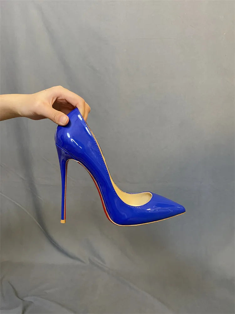 New blue high heels, socialite edition, customized sexy patent leather slim heel plus size women's single shoes