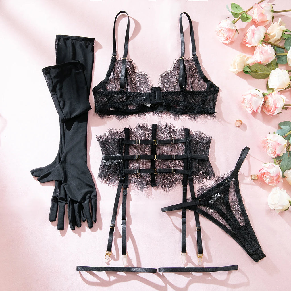 New Eyelash Lace 5-Piece Lingerie Set for Women with Underwire Bra Waistband  Garter Belt Leg Rings Gloves Sexy Comfortable
