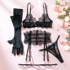 New Eyelash Lace 5-Piece Lingerie Set for Women with Underwire Bra Waistband  Garter Belt Leg Rings Gloves Sexy Comfortable