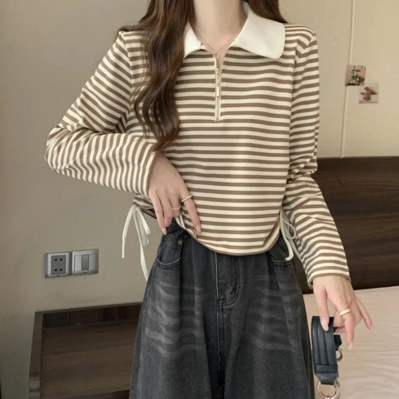 Women's Autumn Polo Shirt 2026 Striped Long Sleeve Drawstring Teddy Bear Collar Slimming T-Shirt