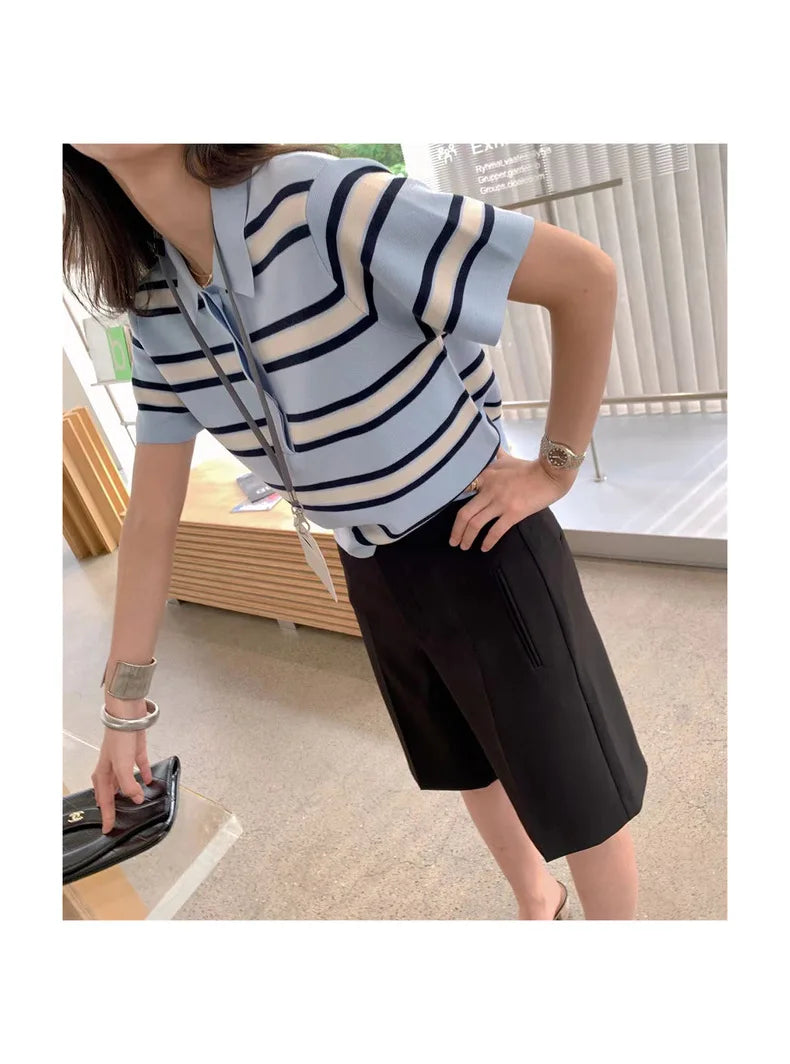 Striped POLO Neck Ice Silk Short Sleeved Women's Summer Thin Fashion Loose Lapel Knit Top