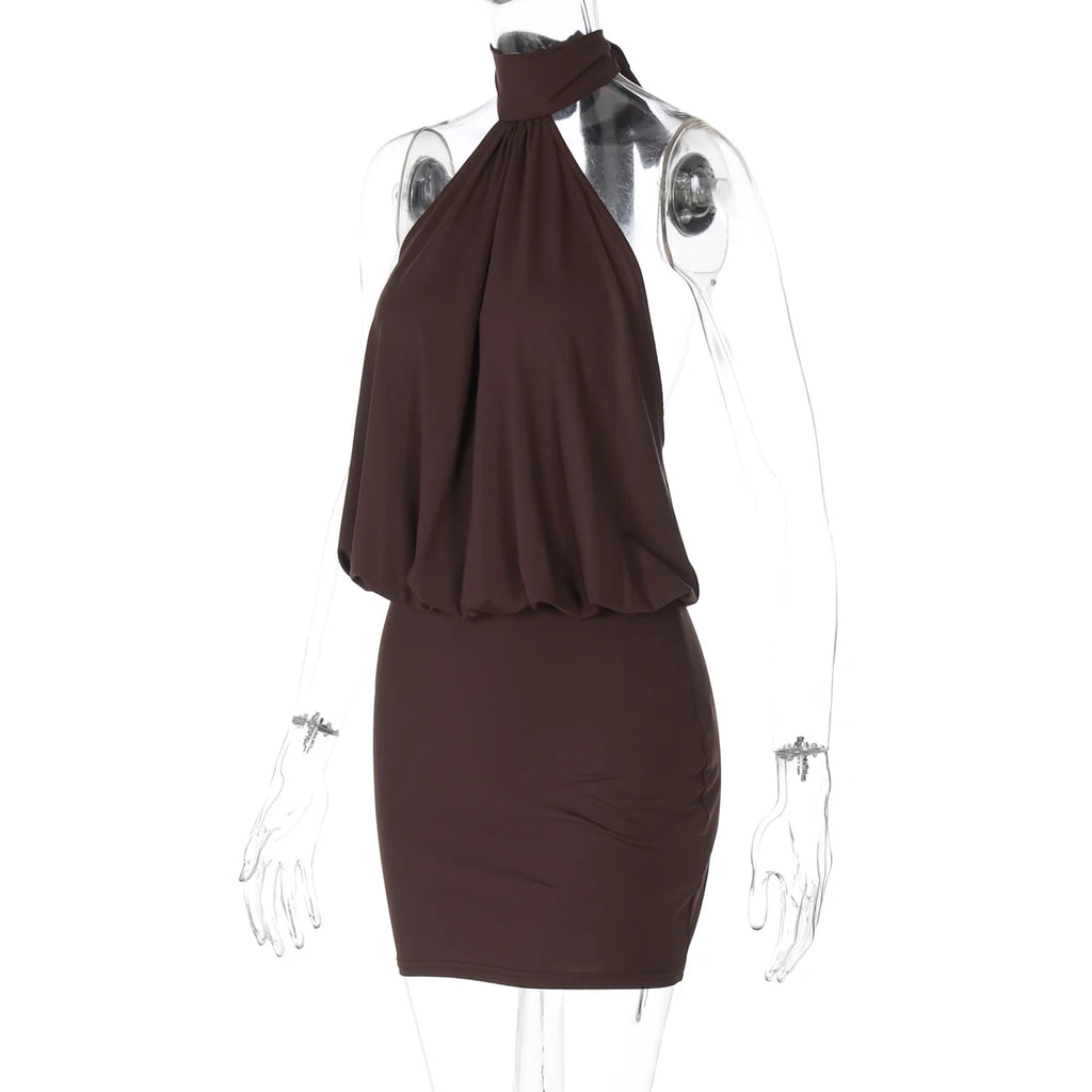 Dulzura Summer Fashion Sexy Halter Sleeveless Lace Up Backless Bodycon Mini Dress Women'S Solid Elegant Party Club Street Outfit