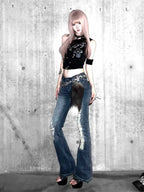 Women's Flare Jeans Low Rise Stretch Ripped Denim Pants Japanese Harajuku Skinny Abi Y2k American Retro Punk Grunge Bootcut Jean