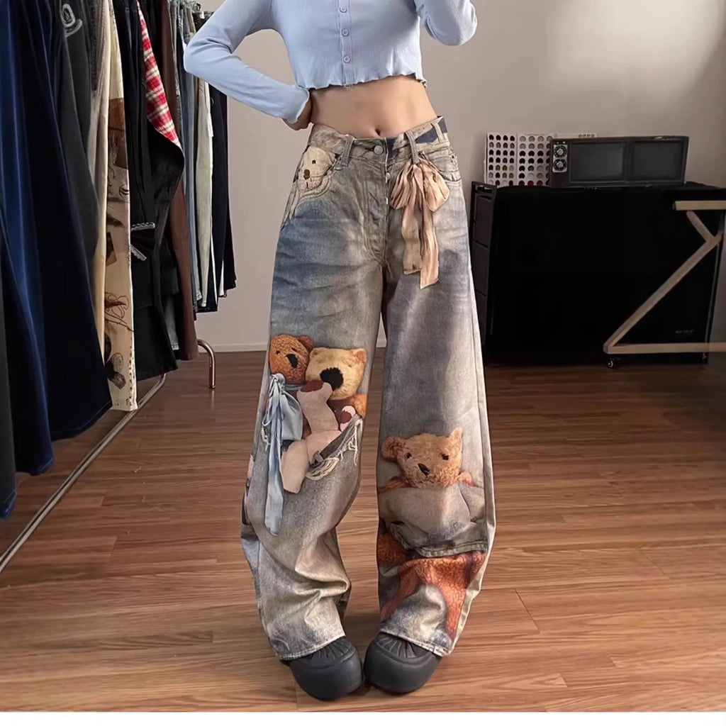 2026 New Spring Women's Colorful Digital Print Bear Jeans High Waist Loose Slim Fit Straight Wide Leg Casual Denim Pants