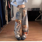 2026 New Spring Women's Colorful Digital Print Bear Jeans High Waist Loose Slim Fit Straight Wide Leg Casual Denim Pants