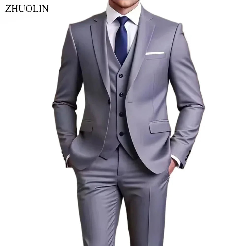 Men's 2 Piece Suit Set Solid Color Elegant Wedding Formal Business Dress Blazer Vest Pants Classic Tuxedo for Party Groomsmen