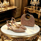New Italian Pumps and Bag To Party 2026 INS Style Pointed Metalldekoration Rhinestone Elegant Gold Color High Heels for Women