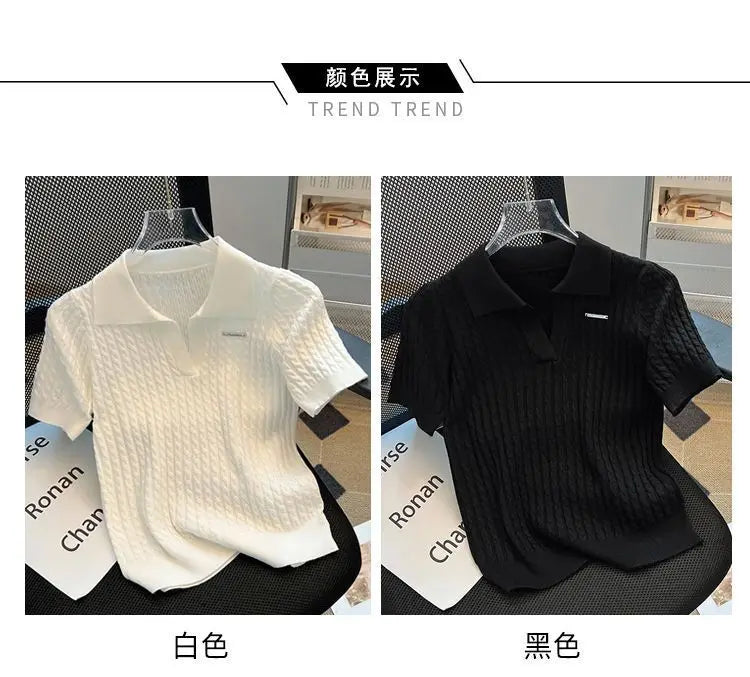 Summer Women's Polo-neck Short-sleeved Shirt Ice Silk Twist Stripe Knitting T-Shirt Thread Loose Minimalist Lapel Pullover Tees