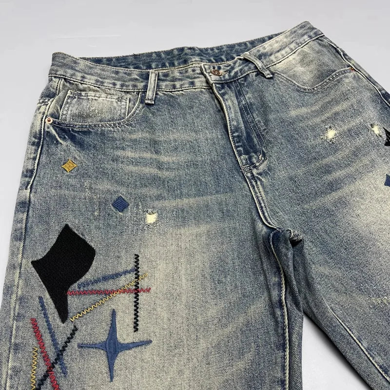 Trendy Edgy And Stylish Men's Jeans With Patchwork Embroidery And Prints Loose-fitting Straight Leg
