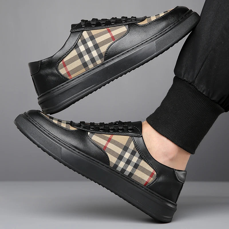Men Classic Checkered Patchwork Thick Soled Casual Board Shoes Shock-absorbing Breathable Fashionable Commuting Street Shoes
