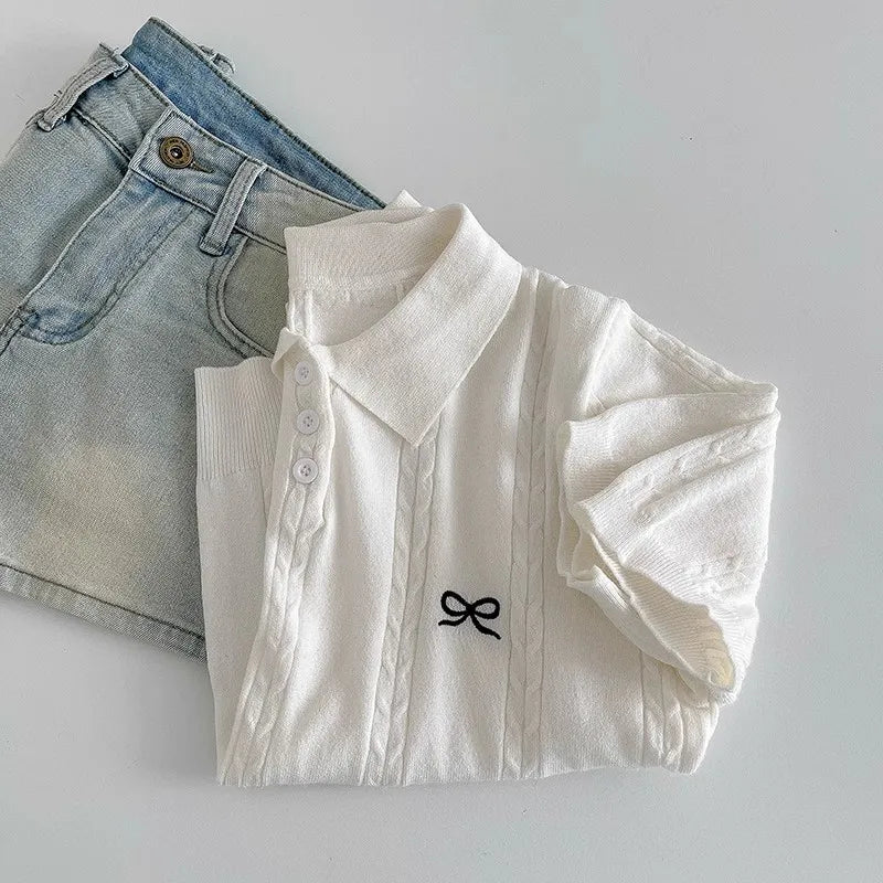 AOSSVIAO 2026 Summer New Korean Fashion Slim Polo shirt Knitted Short Sleeve T-shirt Sweet Bow Embroidered Knitted  Women Tops